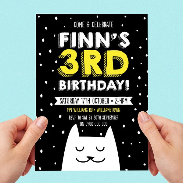 Boys Cat Invite Kitten Kitty Pussy Cat First birthday Baby Boy Colourful 1st 2nd 3rd 4th 5th Personalised Custom Printable Cute Invitation