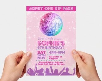 Disco Invite Printable Personalised Invitation Childs Kids Invite Disco Party Teen Tween Little Girl Disco Ball Dancing Pink Pretty