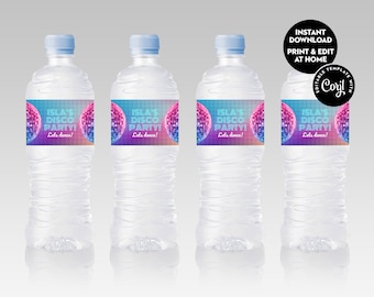 Disco Ball Blue Purple - Water Bottle Label - Instant Edit & Download - Personalised - Corjl