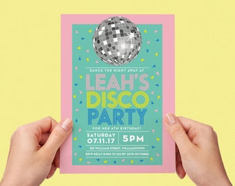 Disco Invite Printable Personalised Invitation Confetti Childs Kids Invite Disco Party Teen Tween Little Girl Disco Ball Dancing Pink Pretty