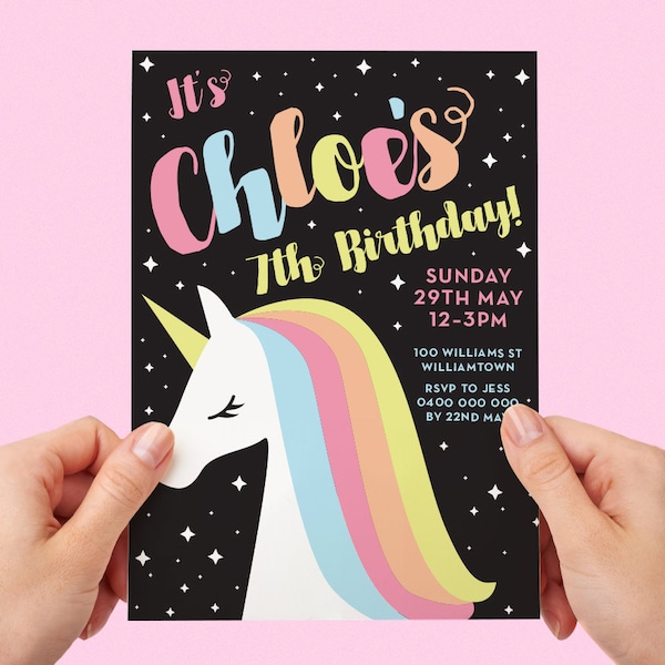 Unicorn Kids Party Invite First birthday Pastels Baby Girl Invite Toddler Colourful 1st 2nd 3rd 4th 5th Printable Invite