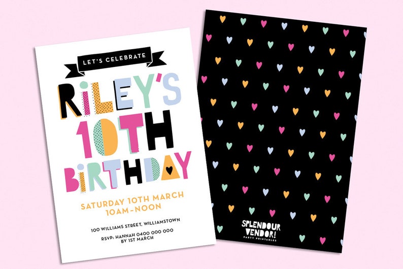 Fun Name Invite Typographic Girls Double Sided Tween Birthday Party Invitation 7th 8h 9th 10th 11th 12th 13th 14th 15th 16th