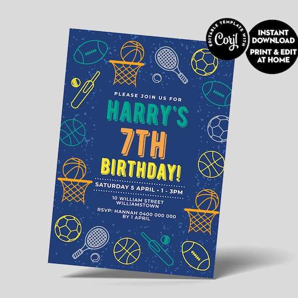 Sports Party Invite Sports Theme Party Printable Boys Birthday Invitation Kids - Corjl Template - Instant Edit & Download