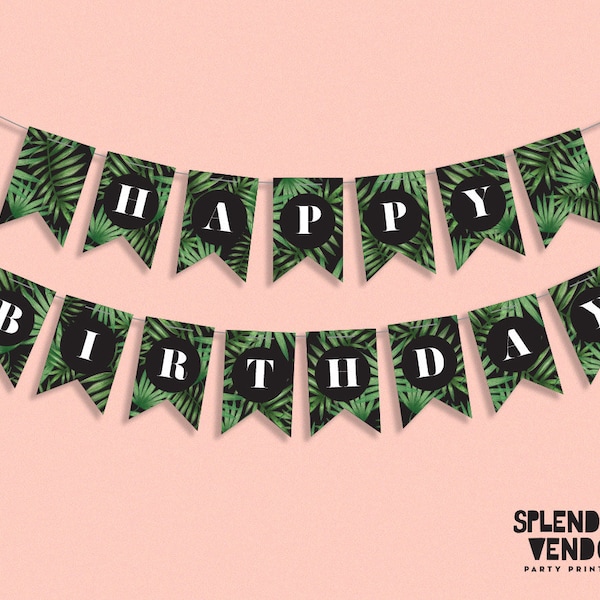 Tropical Flag Banner Birthday Banner Printable Bunting Palm Leaves Tropical Invite