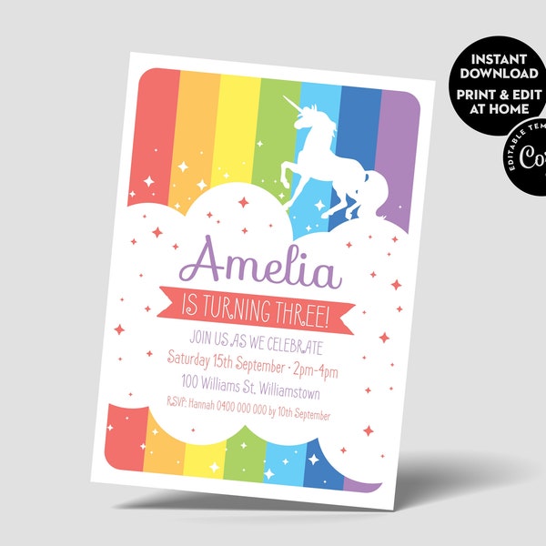 Rainbow Unicorn Kids Party Invite First birthday Baby Girl Invite Toddler Colourful Printable - Instant Edit & Download - Corjl