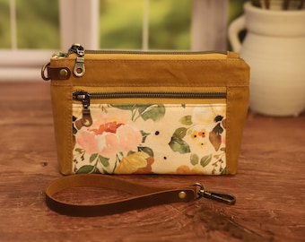 Floral Waxed Canvas and Leather Wristlet, Small Purse, Wristlet Wallet