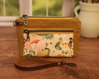 Cartera de mano de lona encerada y cuero con diseño floral, monedero pequeño, billetera de mano