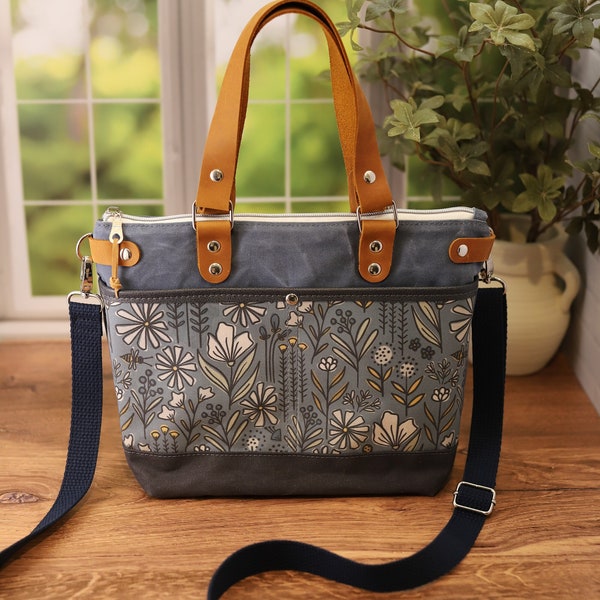 Medium Crossbody Tote Bag, Blue and Grey Floral, Waxed Canvas and Leather Bag