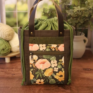 Firefly Tote Bag with Leather Handles, Mushroom Waxed Canvas with Olive Cork and Pink Floral Accent, Knitting Bag, Purse & Wallet Set