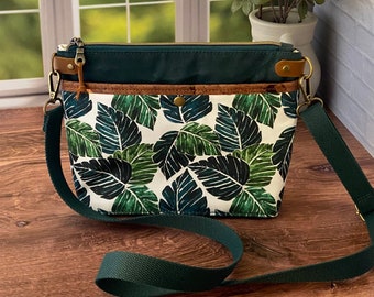 Bolso bandolera Monstera, bolso bandolera de tamaño mediano con estampado de hojas