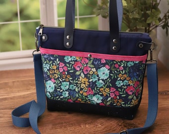 Medium Crossbody Tote Bag with Leather Handles, Waxed Canvas and Cork Bag, Bright Pink Floral Pocket and Matching Wristlet Wallet