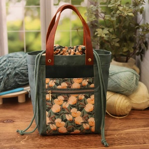 Firefly Tote Bag with Leather Handles, Agave Waxed canvas with Floral Accent, Project size, Knitting Bag, Crochet Bag, Women&#39;s Purse