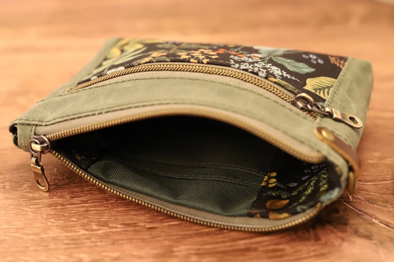 Sage Waxed Canvas and Leather Floral Wristlet, Gift for Her, Zipper Pouch image 6
