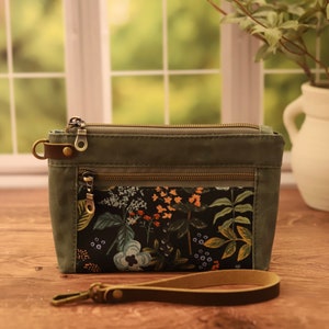 Sage Waxed Canvas and Leather Floral Wristlet, Gift for Her, Zipper Pouch image 3