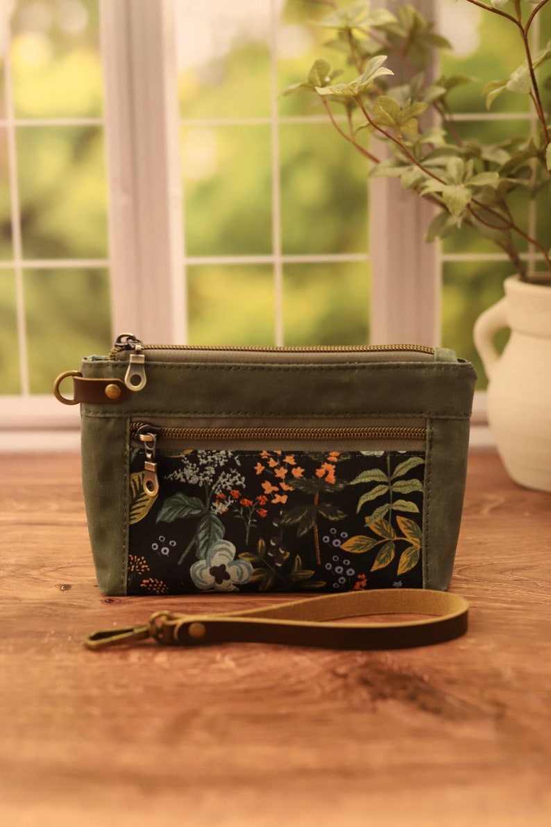 Sage Waxed Canvas and Leather Floral Wristlet, Gift for Her, Zipper Pouch image 3