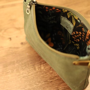 Sage Waxed Canvas and Leather Floral Wristlet, Gift for Her, Zipper Pouch image 4