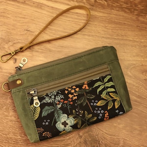 Sage Waxed Canvas and Leather Floral Wristlet, Gift for Her, Zipper Pouch image 1
