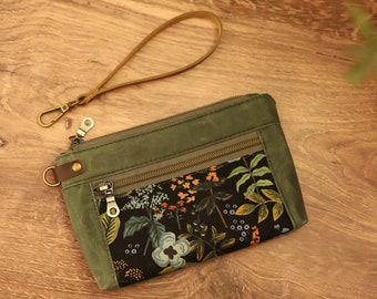 Sage Waxed Canvas and Leather Floral Wristlet, Gift for Her, Zipper Pouch