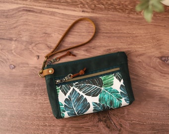 Monstera Leaf Waxed Canvas Wristlet Wallet with Leather Wrist Strap