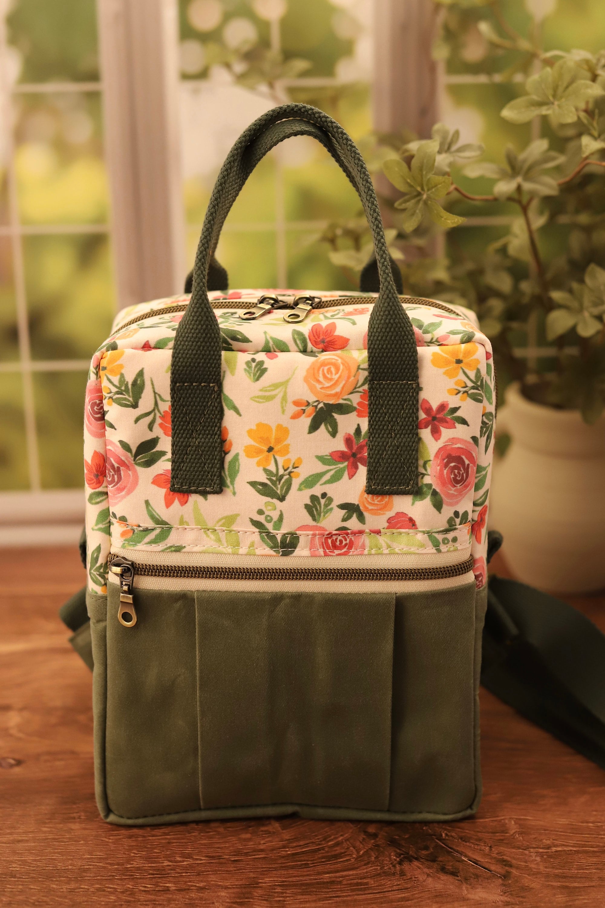 Myra Bag Sage and Black Floral Canvas Mini Backpack S-8057 Army Motif Backpack - The Handbag Store main image 4