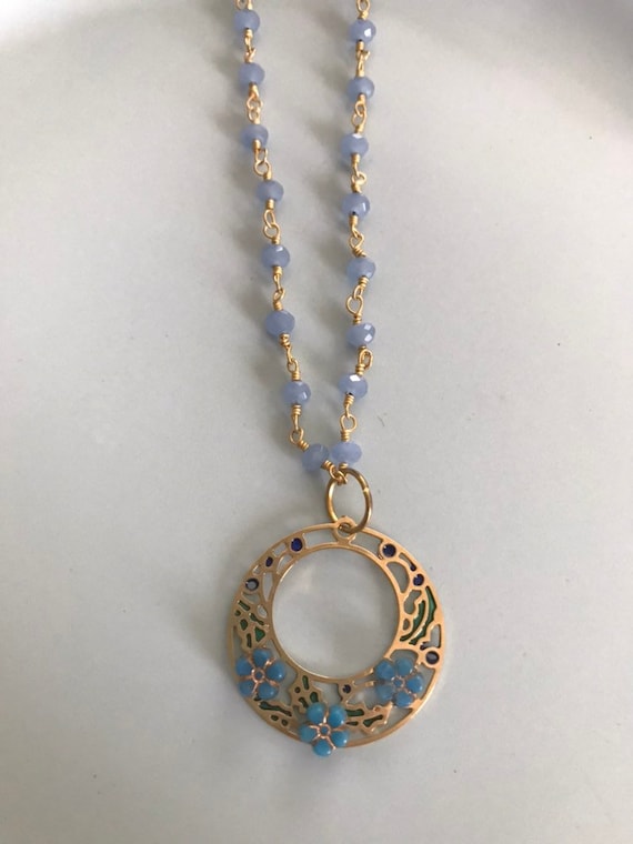 Blue flower and gold necklace aqua chalcedony bead