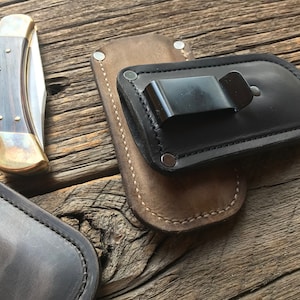 BUILD YOUR OWN - Leather Pocket Knife Slip with Belt Clip - Pick your Color, Size (Buck55 - Pioneer - Farmer), Thread & RIvet Color
