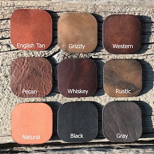 May include: Nine leather swatches in different colors and textures, including English Tan, Grizzly, Western, Pecan, Whiskey, Rustic, Natural, Black, and Gray.
