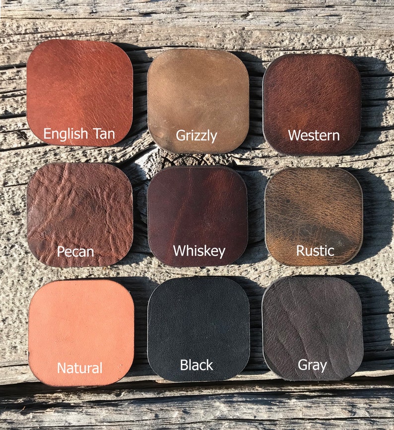 May include: Nine leather swatches in different colors and textures, including English Tan, Grizzly, Western, Pecan, Whiskey, Rustic, Natural, Black, and Gray.