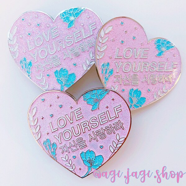 SECONDS SALE!!! Love Yourself 자신을 사랑하라 Sparkly Heart 2” Enamel Pin (Discounted for minor flaws)