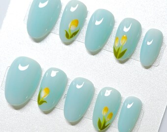 Tulip Garden Press On Nails | Hand Painted Baby Blue and Yellow Flower Nail Art