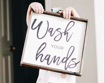 Wash Your Hands Wood Sign | Bathroom Wall Art | Bathroom Prints | Kids Bathroom Decor | Bathroom Decor