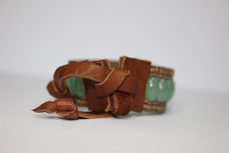 Leather Adjustable Beaded Bracelet Tibetan Brass FreewheelingSpirit Natural Jade
