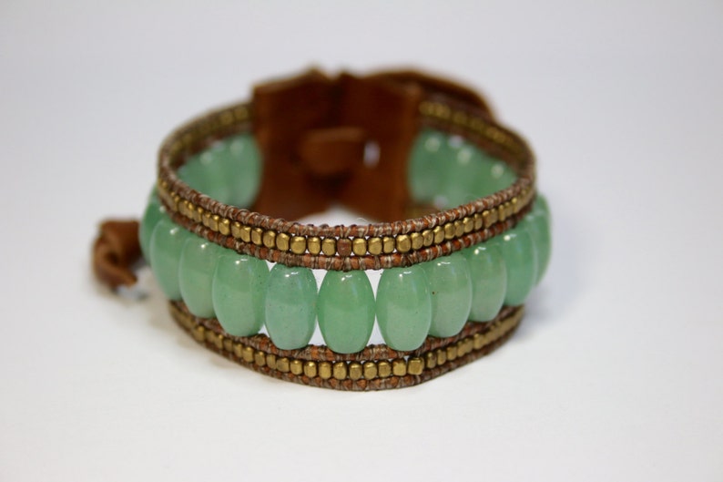 Leather Adjustable Beaded Bracelet Tibetan Brass FreewheelingSpirit Natural Jade