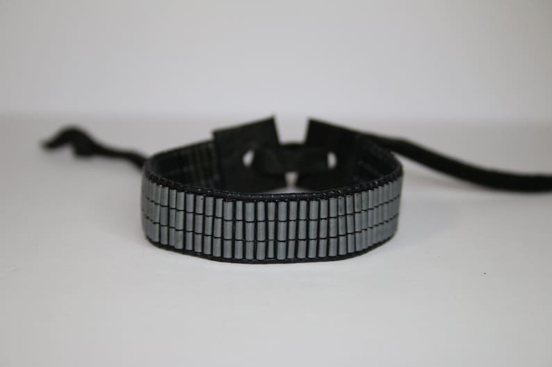 FreewheelingSpirit Hematite Mens Handmade Beaded Leather Tie Bracelet