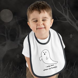Cute Halloween Baby Bib, Funny Ghost Baby Bib - Soft Cotton, Multiple Colors, Hangry Ghost Design - Velcro Closure, Cute Gift, Halloween Bib