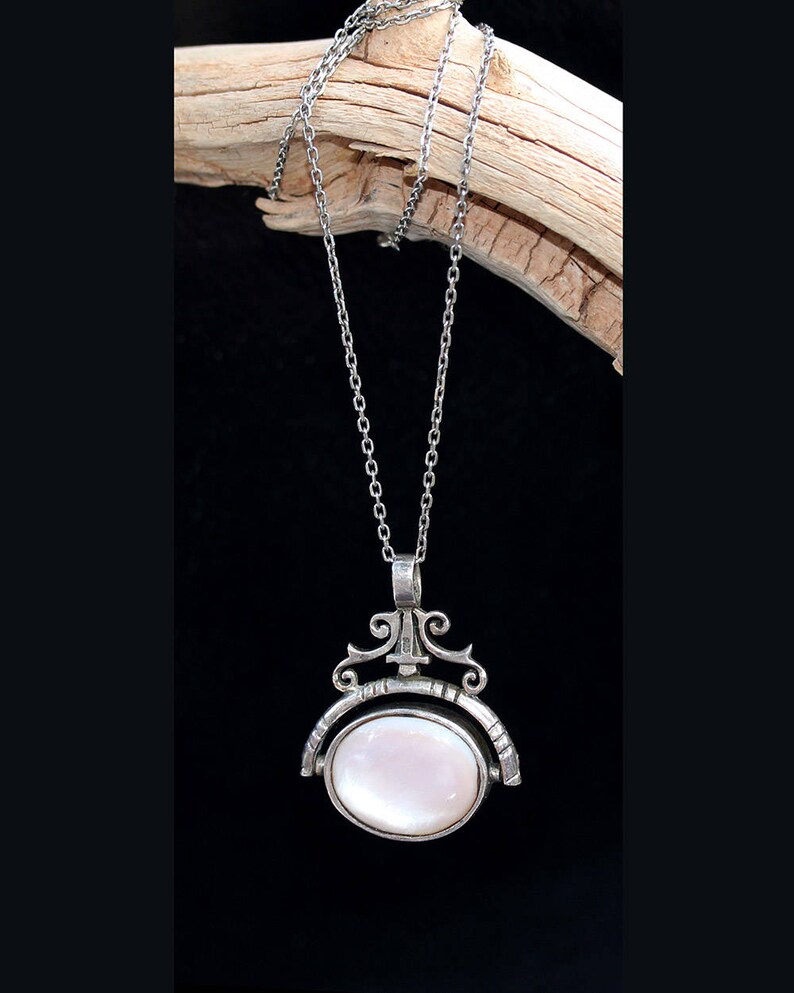 Vintage Pink MOP Black Onyx Reversible sterling Silver Pendant Necklace