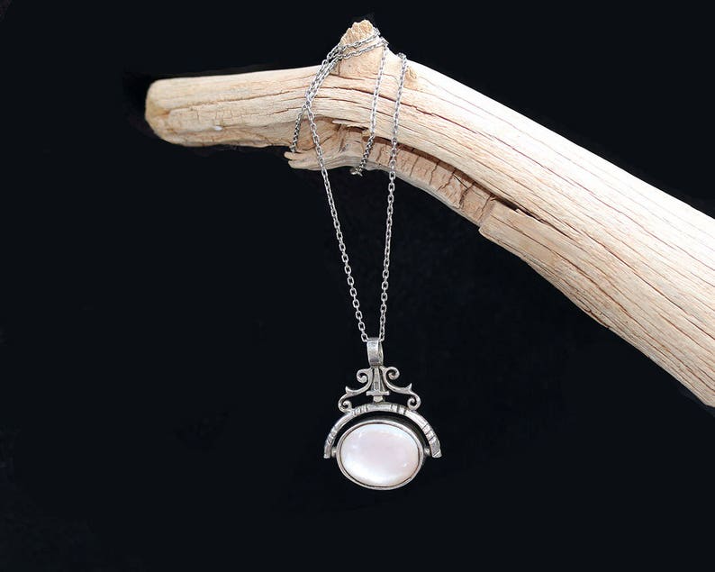 Vintage Pink MOP Black Onyx Reversible sterling Silver Pendant Necklace