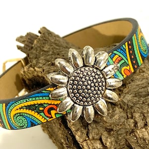 Paisley Vegan Leather Bracelet: Silver Sunflower Magnetic Clasp