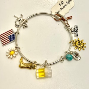 May include: Silver charm bracelet with various charms including a small American flag, a daisy, a cowboy boot, a beer mug, a sun, a cowboy hat, a turquoise stone, and a charm that says "I Love Rodeo".