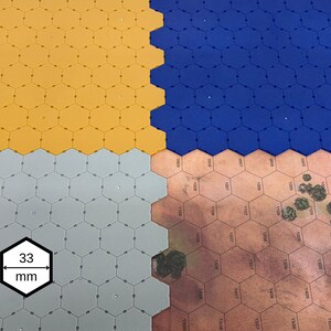 May include: A modular game board composed of interlocking hexagonal tiles in yellow, blue, and light gray, alongside a printed terrain map with a hexagonal grid. A small icon indicates a 33 mm measurement for the individual hexagonal tiles.