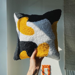 Black Yellow and White Abstract Geometric Handmade Tufted throw pillow