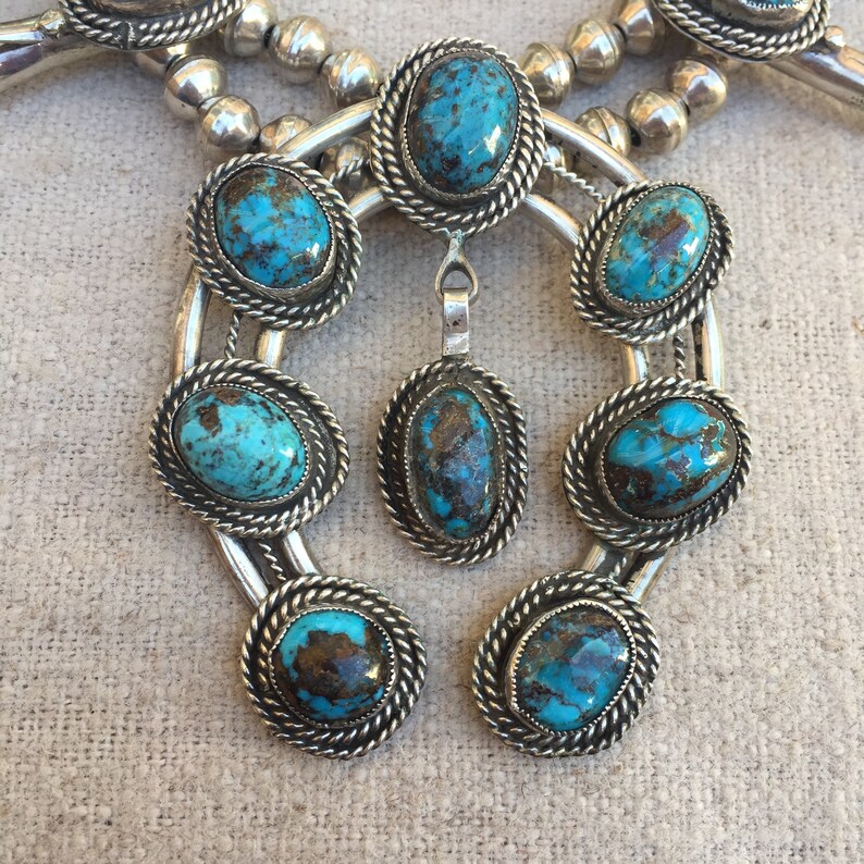 Bisbee Turquoise squash blossom necklace circa 1970's Etsy