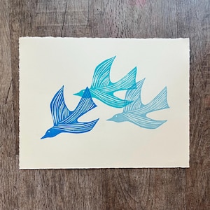 print of three blue birds linocut