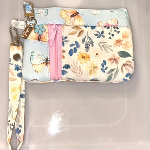 Blue Floral Mini Pouch: Vinyl Cotton Coin Purse with Keyring