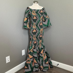 African Print Dress with Scarf: Orange & Green, Fits S-XL