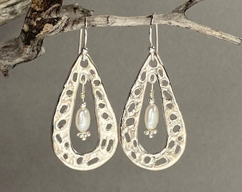 Water Droplet Sterling Silver Teardrop Earrings with Pearls