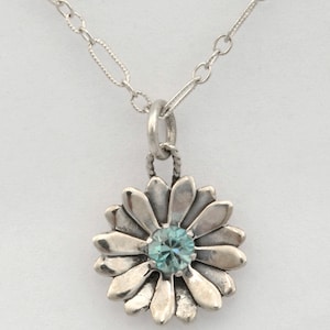 Petal Design Sterling Silver Necklace with Aquamarine 18 inch Chain image 1