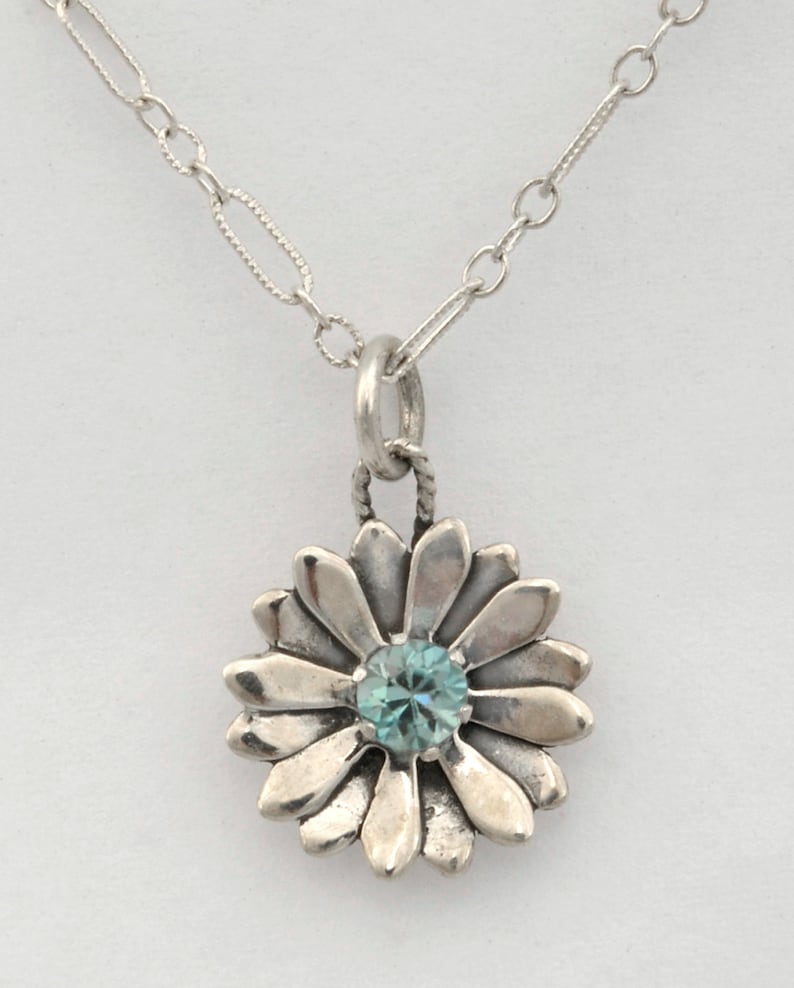 Petal Design Sterling Silver Necklace with Aquamarine 18 inch Chain image 1