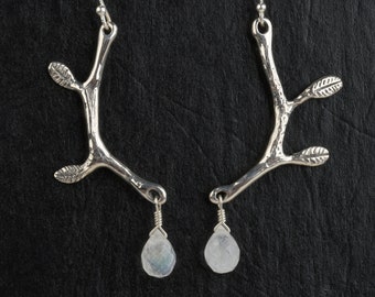 Sterling Silver Branch Earrings with Rainbow Moonstone
