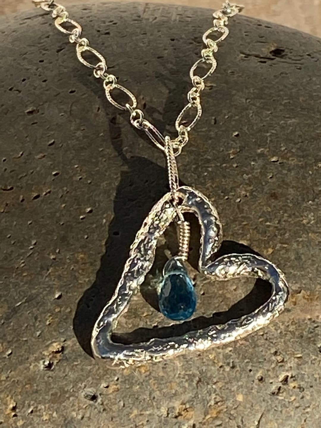 Sterling Silver Open Heart Necklace With Blue Topaz on 18 Inch Chain ...